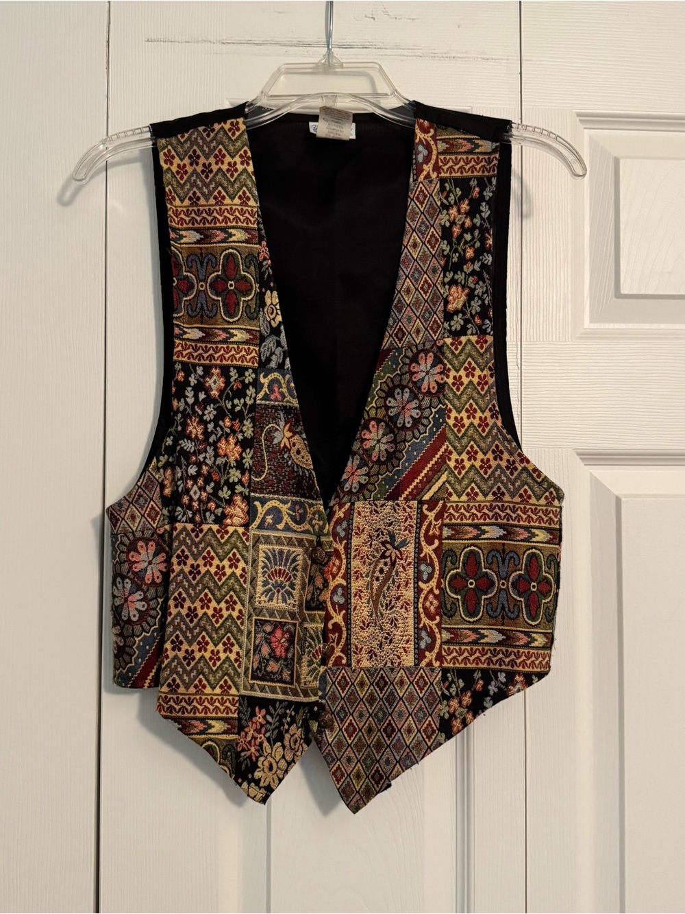 Vintage 90s Y2K Bohemian Patchwork Tapestry Vest in Black and Multicolor Size M